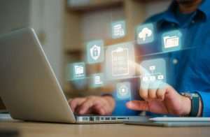 business people who use computers to manage documents online document database and digital file storage systems or software record keeping database technology file access document sharing.